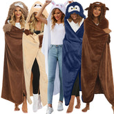 Christmas Animal Winter Hooded Poncho Sloth Penguin Yak Panda Cartoon Embroidery Double Sided Flannel Blanket